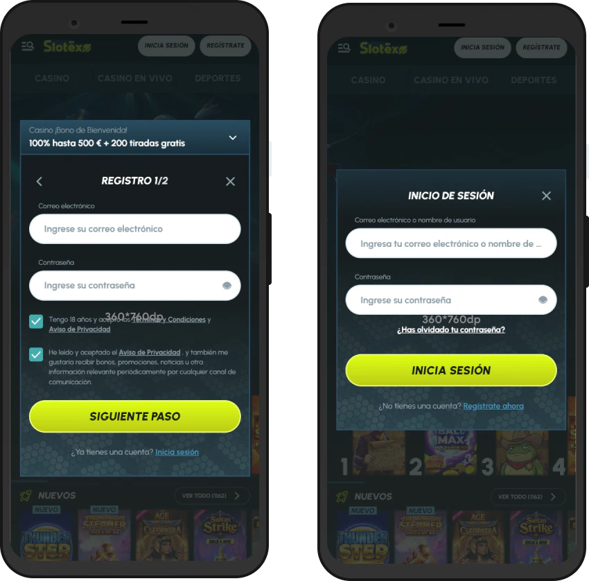 Registro e inicio de sesión en Slotexo